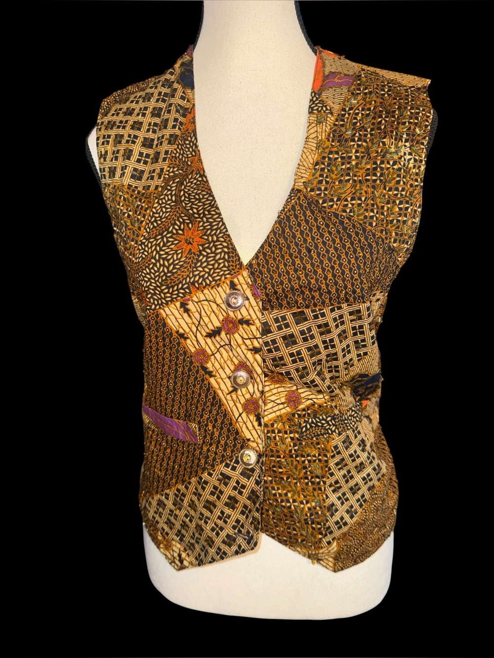 Vintage Effect Creation Rayon Batik Patchwork Boho Vest Indonesia Tie Back y2K